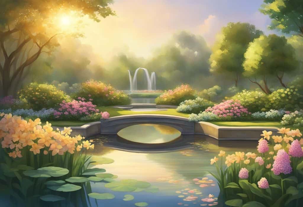 A serene garden with blooming flowers and a tranquil pond, surrounded by lush greenery and bathed in soft, golden sunlight