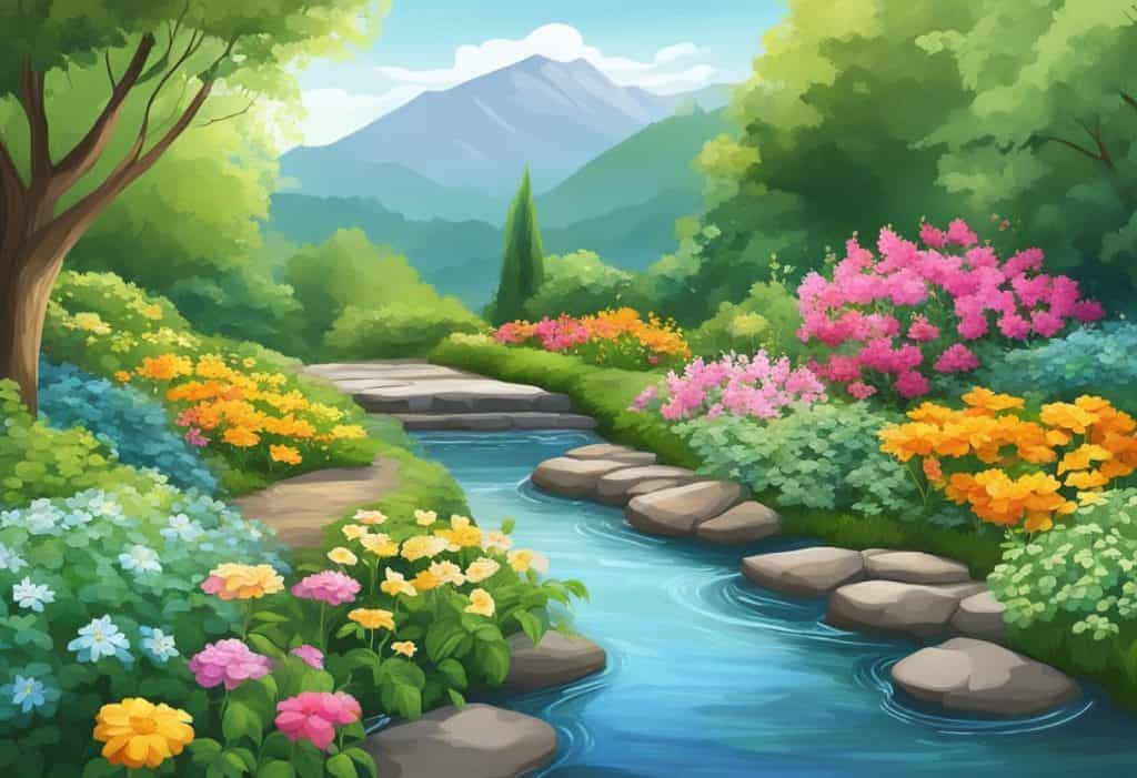A serene garden with a flowing stream, surrounded by lush greenery and colorful flowers, with a peaceful atmosphere
