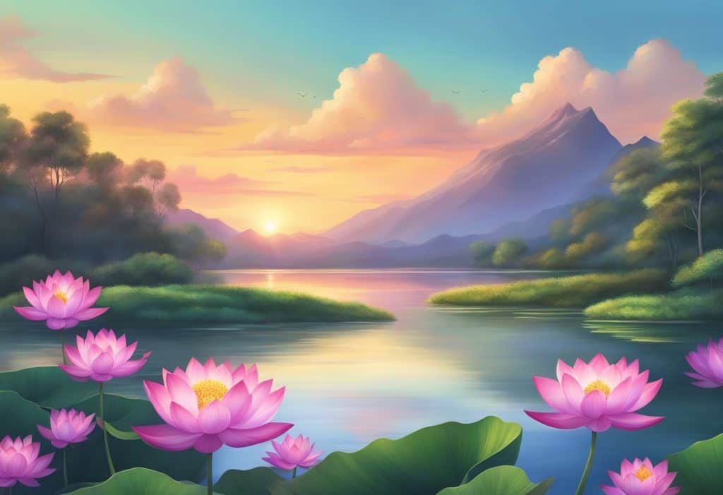 A serene landscape with a vibrant sunset, overlooking a tranquil lake surrounded by lush greenery and blooming lotus flowers
