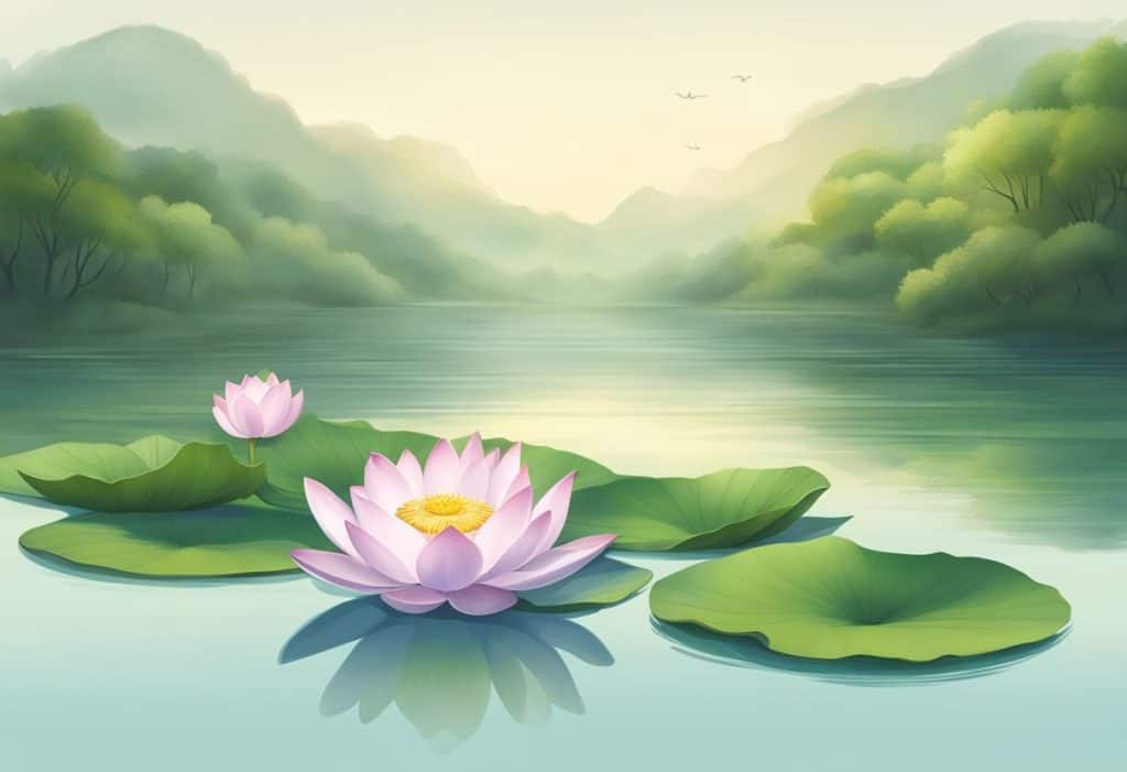 A serene landscape with a lotus flower floating on a calm body of water, surrounded by lush greenery and a gentle breeze