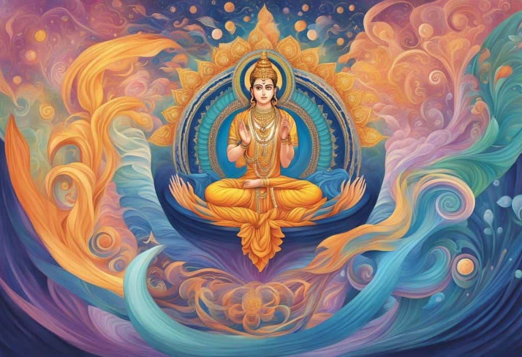 Ahamkara's spiritual growth depicted through swirling colors and flowing patterns, symbolizing the inner journey of the psyche
