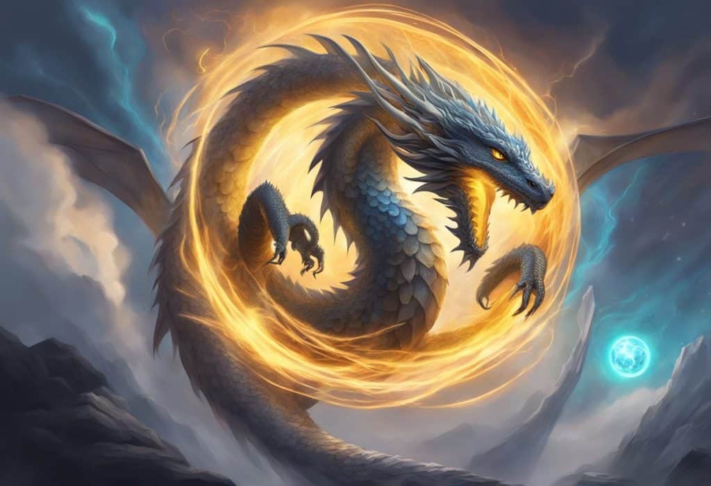 A majestic Ahamkara dragon coils around a glowing orb, surrounded by swirling wisps of energy