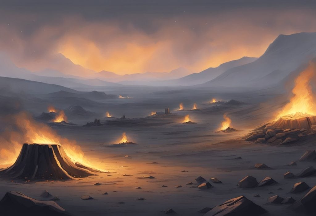 Aghora: a desolate cremation ground with scattered ashes and smoldering embers, surrounded by eerie shadows and flickering flames
