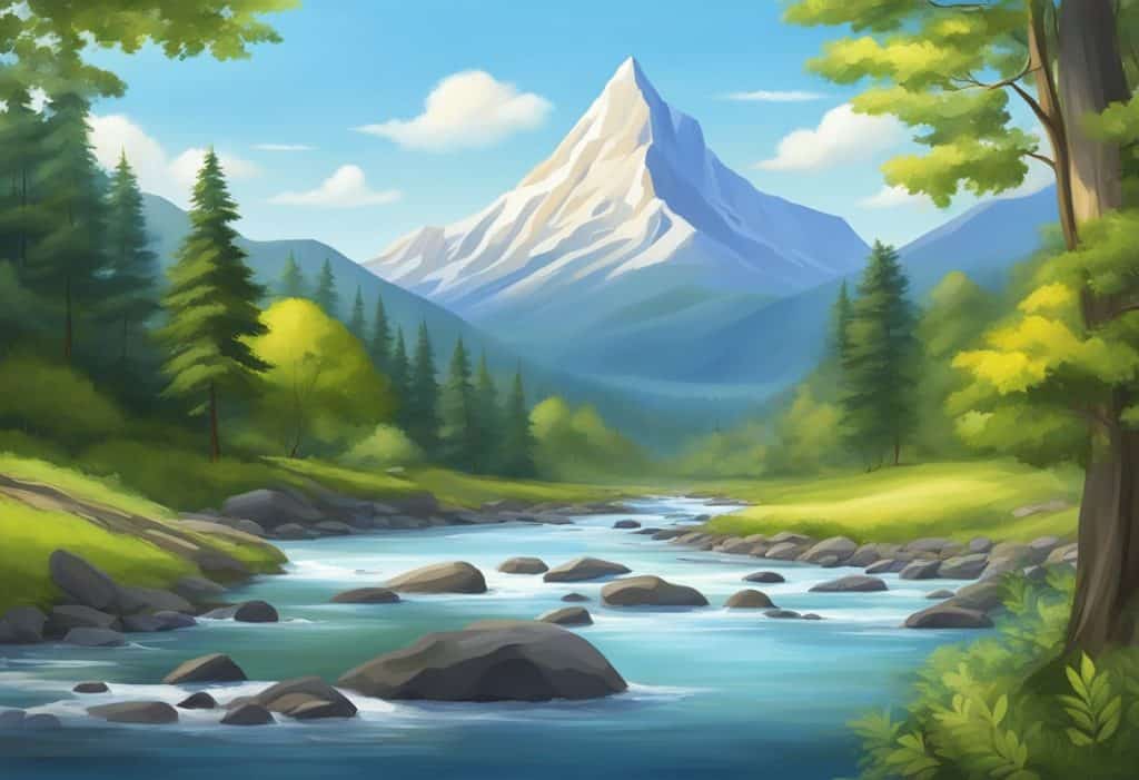 A serene landscape with a mountain peak, a flowing river, and a peaceful forest, under a clear blue sky
