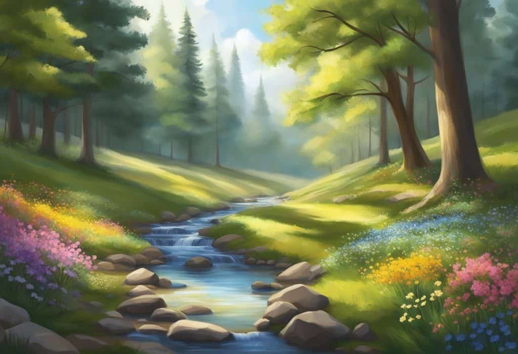 A serene forest clearing with a tranquil stream, dappled sunlight filtering through the trees, and colorful wildflowers in bloom