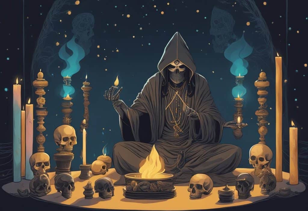 A dark figure surrounded by candles and incense, performing Aghora rituals with skulls and other sacred objects