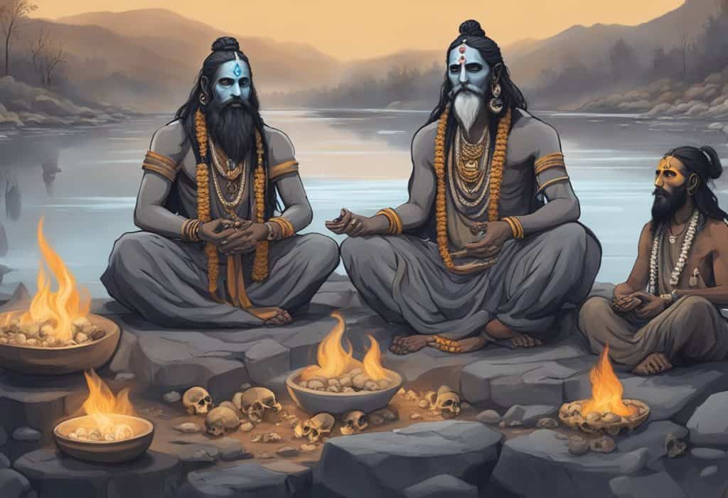 A group of Aghoris meditating by a river, surrounded by skulls and ashes, with a fire burning in the background