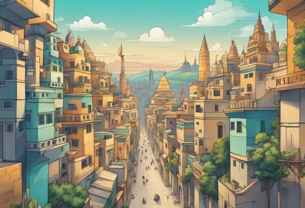 Aghora's influence evident in modern culture: urban skyline with ancient symbols blending seamlessly into city architecture