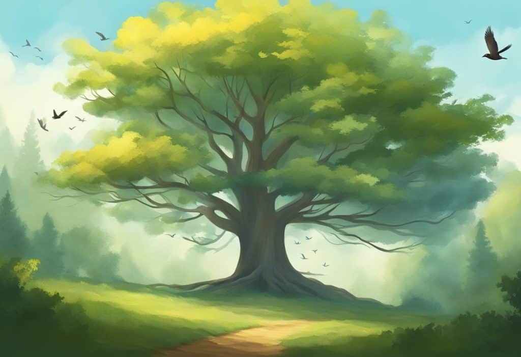 A serene forest clearing with a lone tree, surrounded by birds in flight and a gentle breeze rustling the leaves