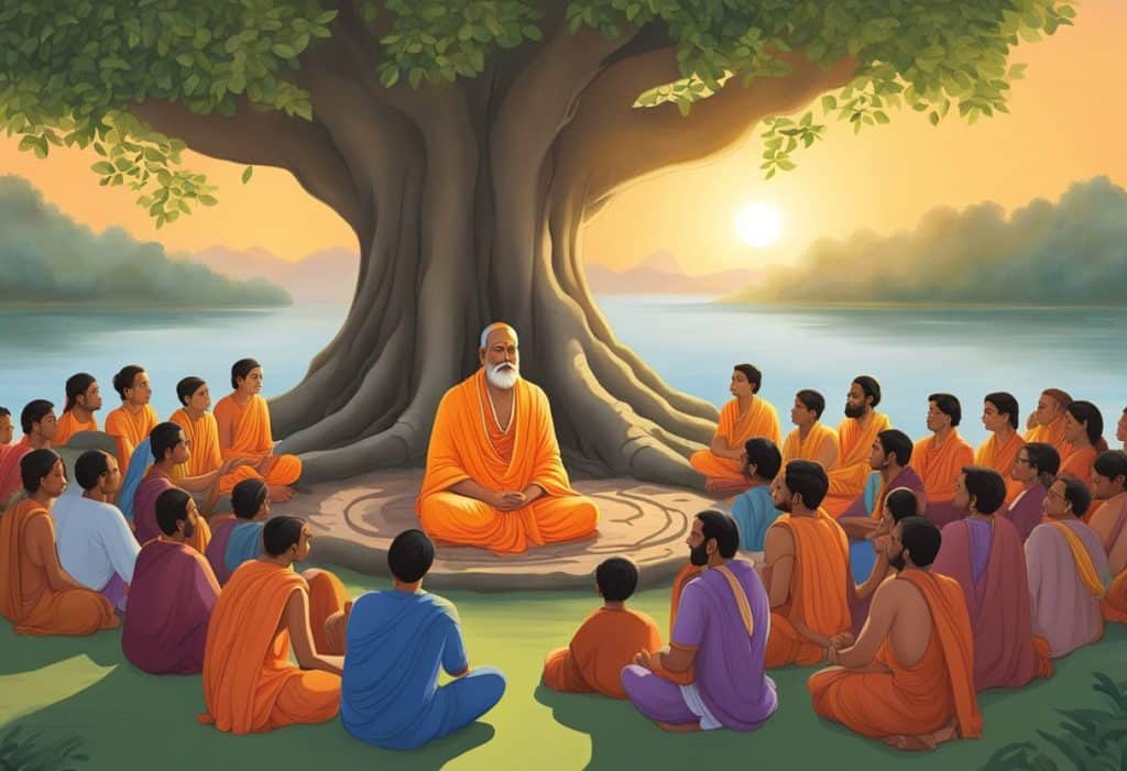 Adi Shankaracharya sits under a banyan tree, surrounded by disciples. He imparts wisdom, while the sun sets in the background