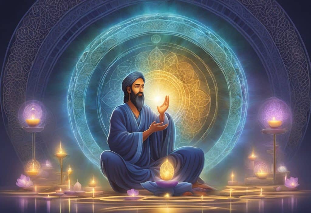 The Adi guru's spiritual impact: a serene, meditative figure surrounded by glowing light, radiating wisdom and peace