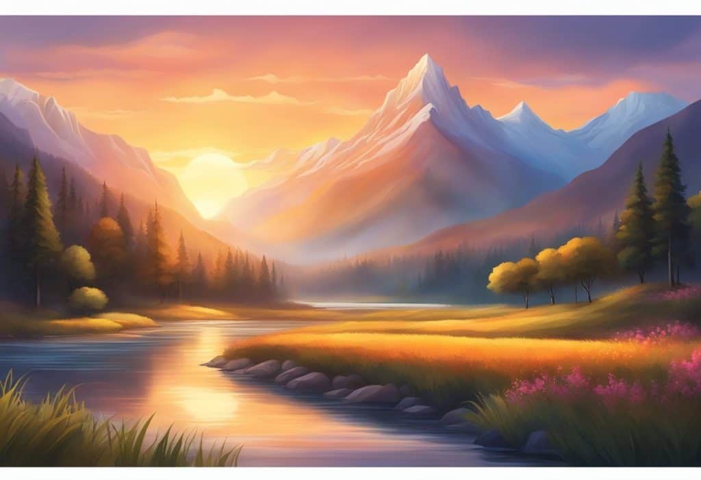 A serene landscape with a majestic mountain in the background, a tranquil river flowing through the valley, and a vibrant sunset casting a warm glow over the scene