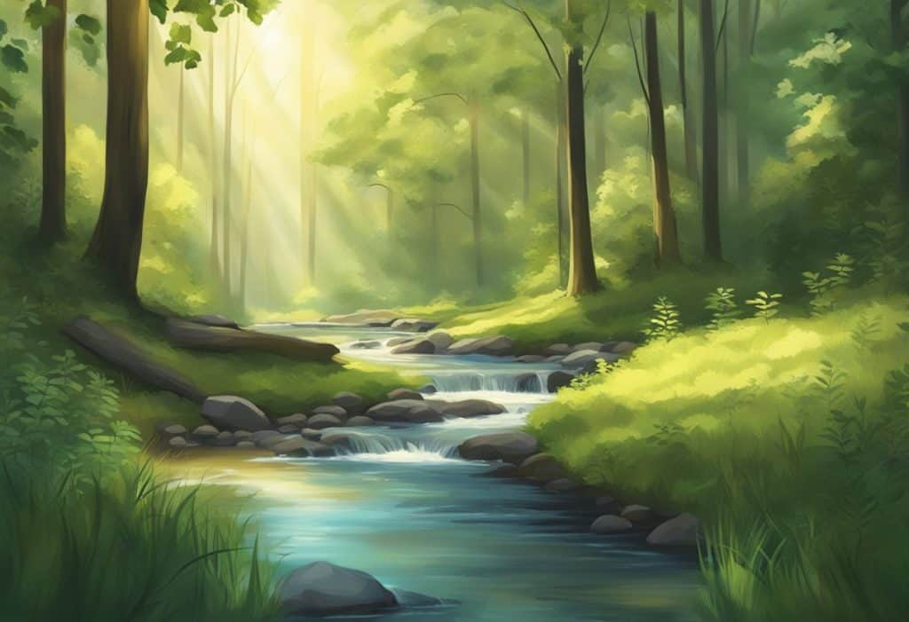A serene forest clearing with a gentle stream, dappled sunlight filtering through the trees, and a sense of tranquility in the air