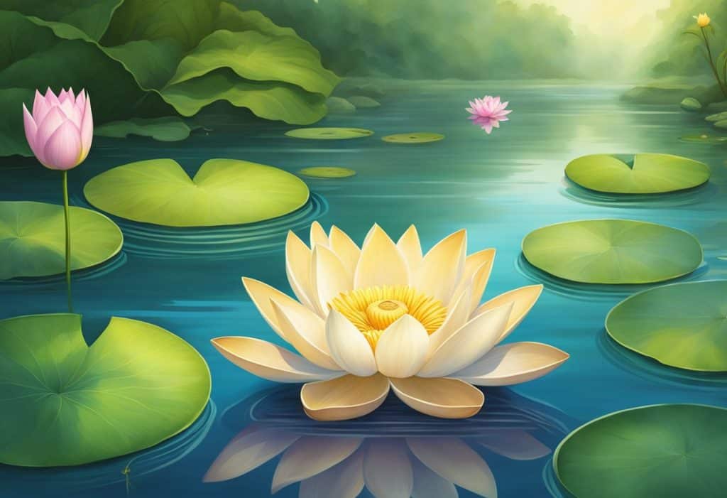 A serene lotus flower floats on a tranquil pond, surrounded by lush greenery and softly flowing water, representing the concept of Pashyanti in Yoga and Tantra