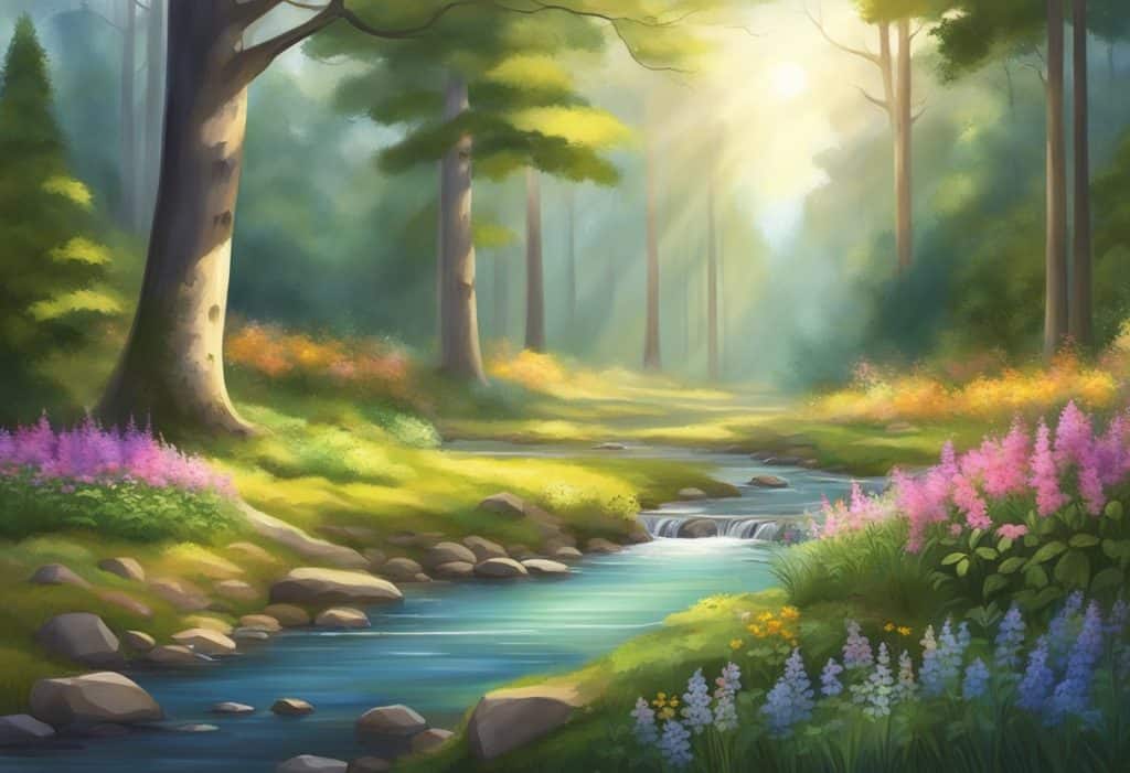 A serene forest clearing with a gentle stream, sunlight filtering through the trees, and a variety of colorful wildflowers blooming
