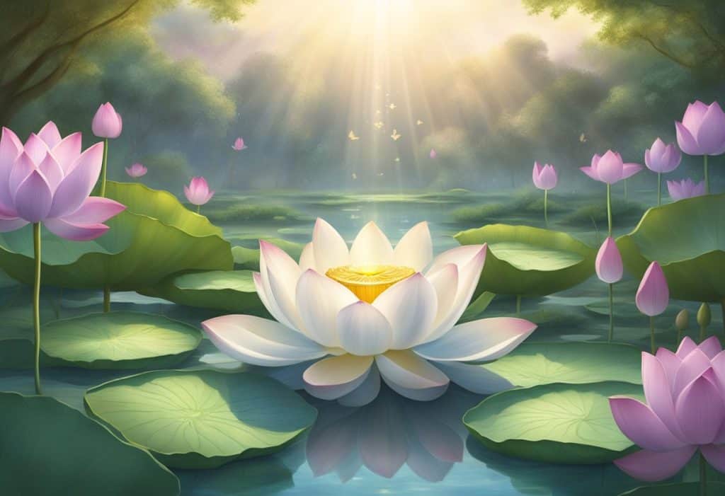 In a serene garden, a lotus flower blooms as sacred texts float in the air, surrounded by ethereal light and ancient symbols