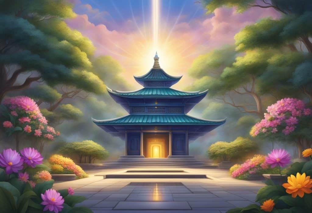 A serene temple courtyard with vibrant flowers and a glowing, central energy focal point, surrounded by intricate spiritual symbols