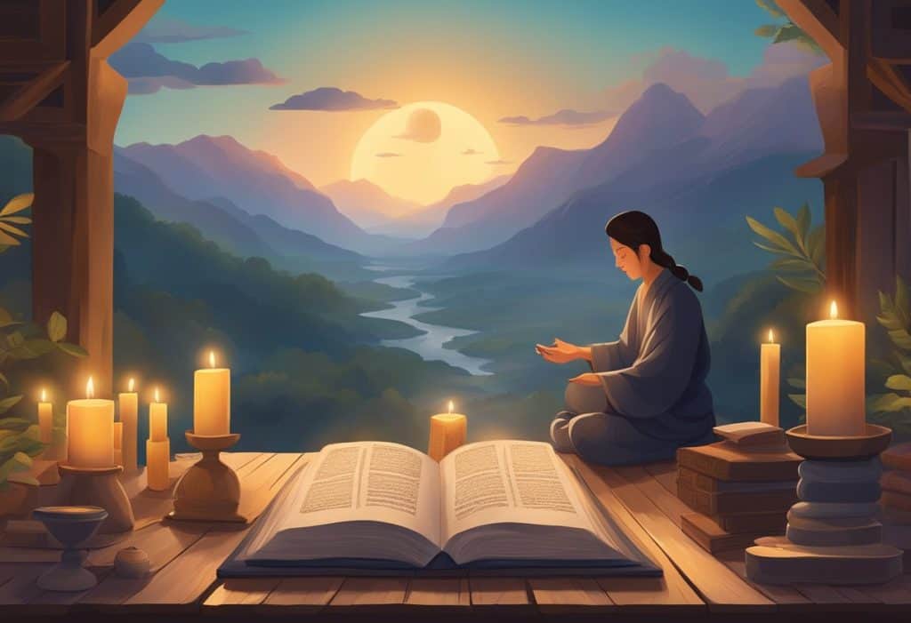 A serene landscape with ancient texts open on a wooden table, surrounded by candles and incense, as a figure meditates in the background