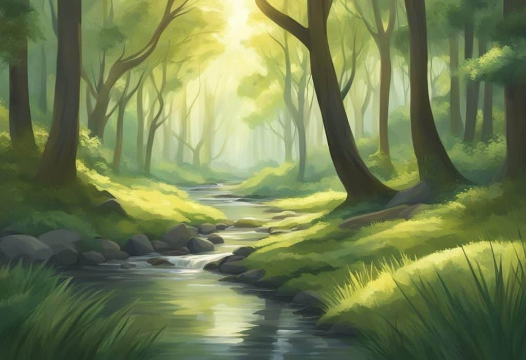 A serene forest with tall, slender trees, dappled sunlight, and a gentle stream winding through the underbrush