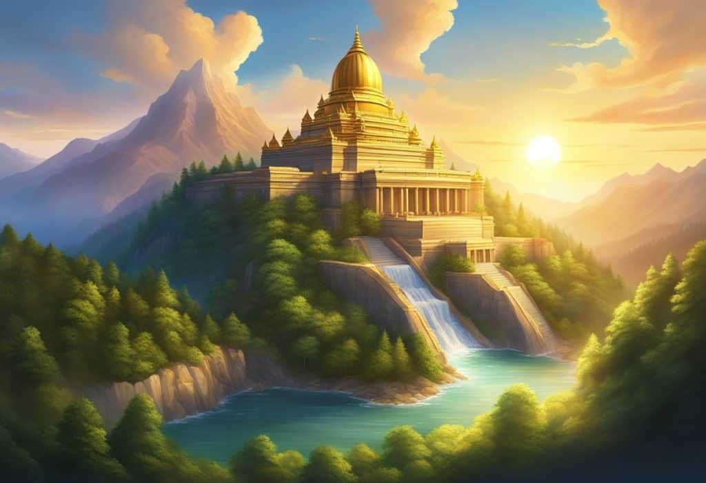 A grand temple atop a mountain, surrounded by lush forests and flowing rivers, with the sun setting behind it, casting a warm glow over the entire scene
