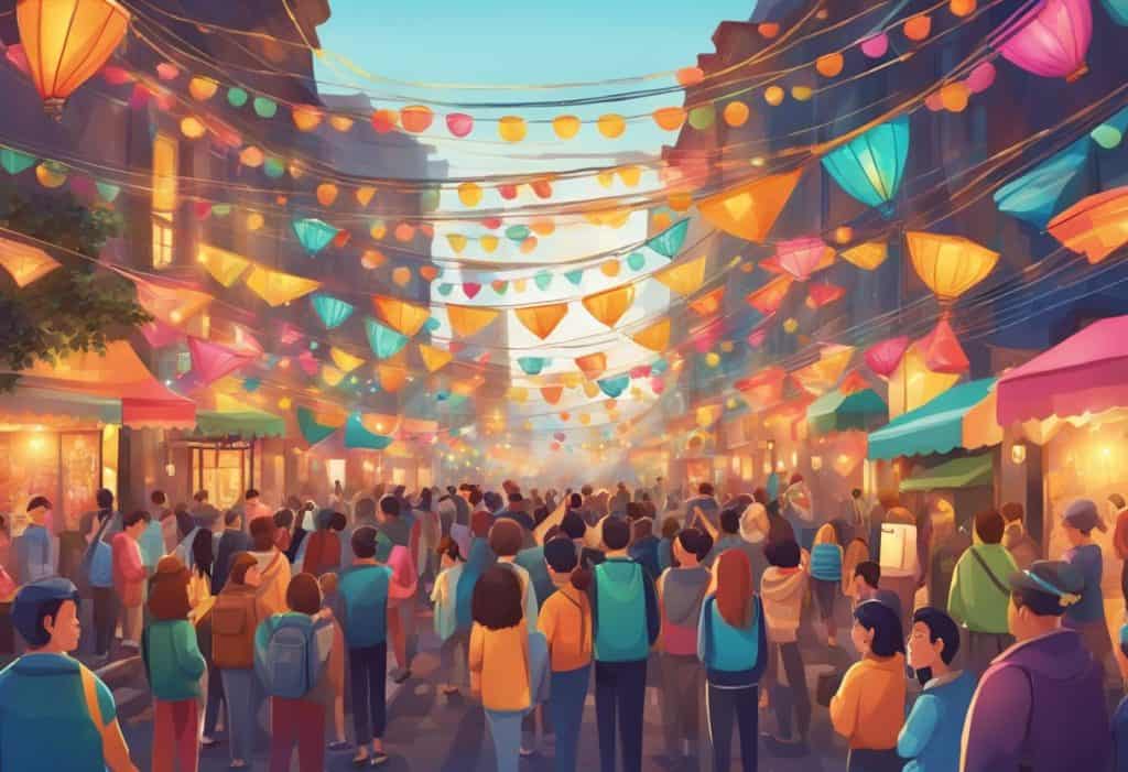 A vibrant festival with colorful banners and intricate symbols adorning the streets. Bright lights illuminate the scene, while people gather to celebrate