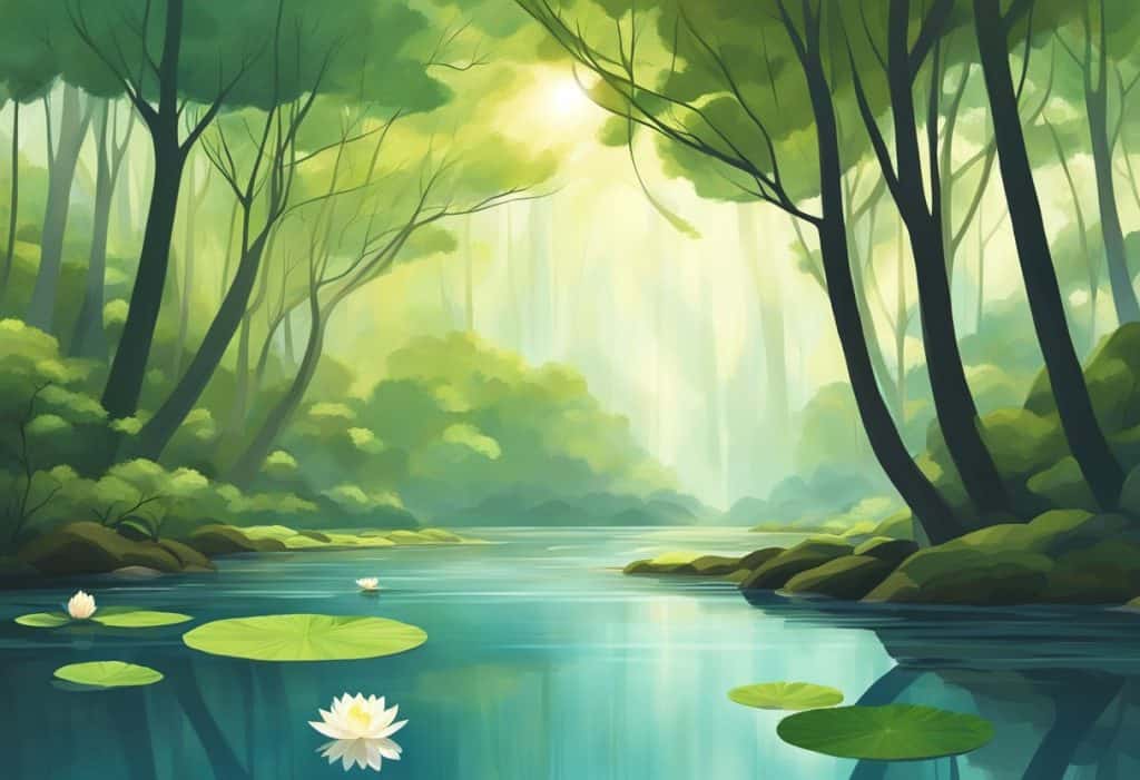 A serene forest with dappled sunlight, a tranquil river, and a lone lotus flower blooming in the water