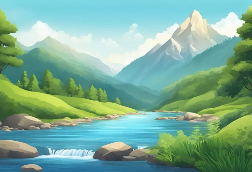 A serene mountain landscape with a tranquil river flowing through it, surrounded by lush greenery and a clear blue sky above