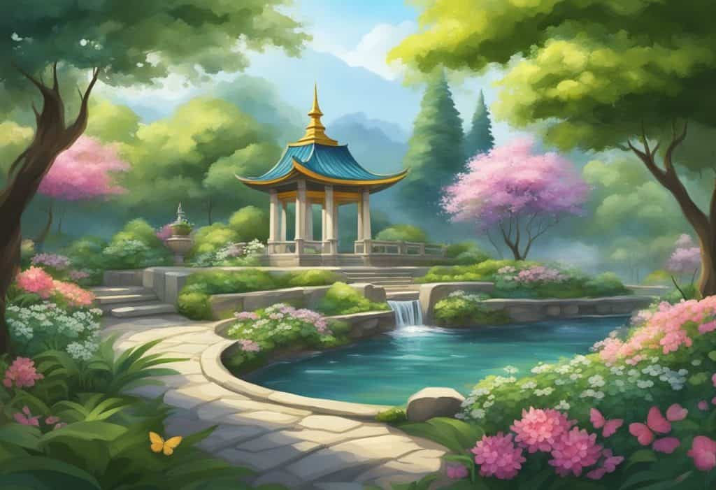 A serene garden with flowing water, lush greenery, and a sense of tranquility. A small temple stands in the center, surrounded by blooming flowers and fluttering butterflies