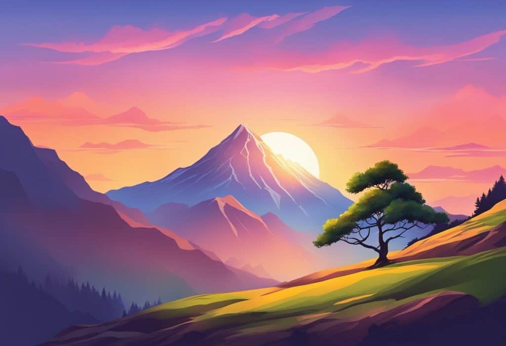 A serene mountain peak at sunrise, with a lone tree silhouetted against the colorful sky, symbolizing the inner peace and freedom of a Jivanmukta