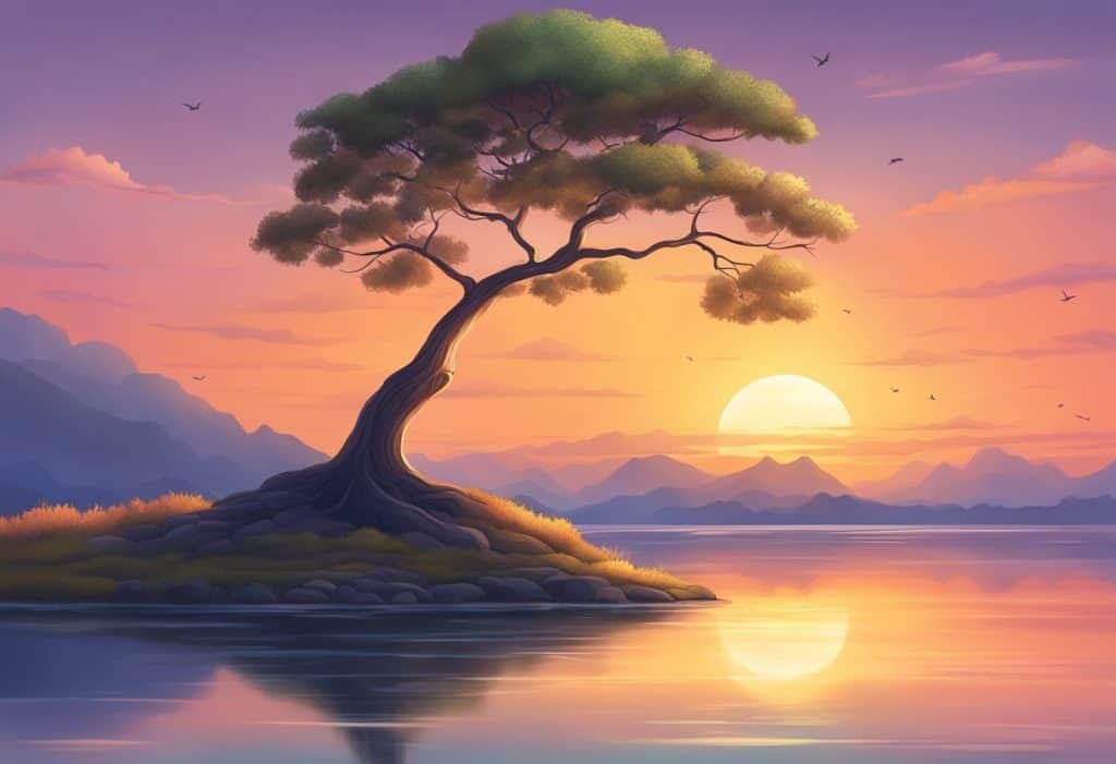 A serene landscape with a vibrant sunset, a lone tree standing tall, and a sense of tranquility and enlightenment in the air