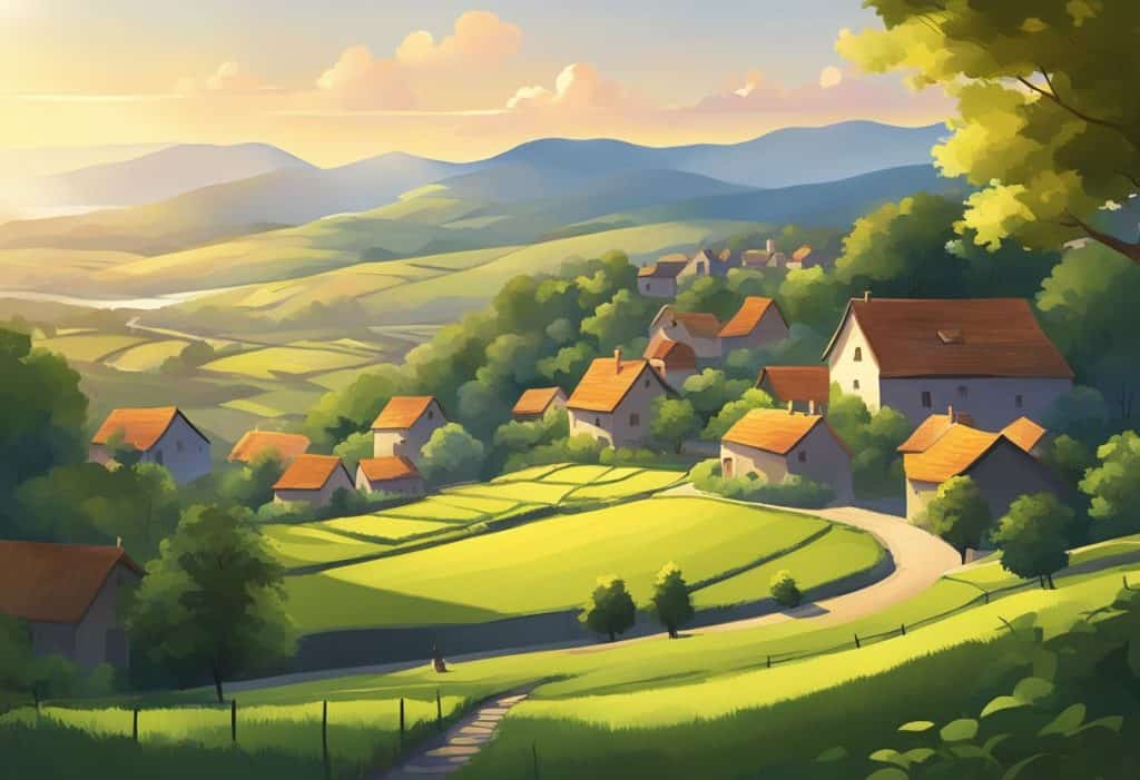 A serene landscape with a setting sun, casting long shadows over a tranquil village nestled amidst lush greenery