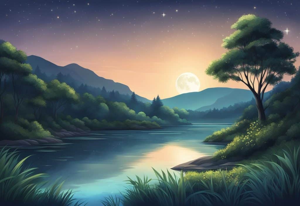 A serene night scene with a crescent moon shining over a tranquil river, surrounded by lush vegetation and a clear starry sky