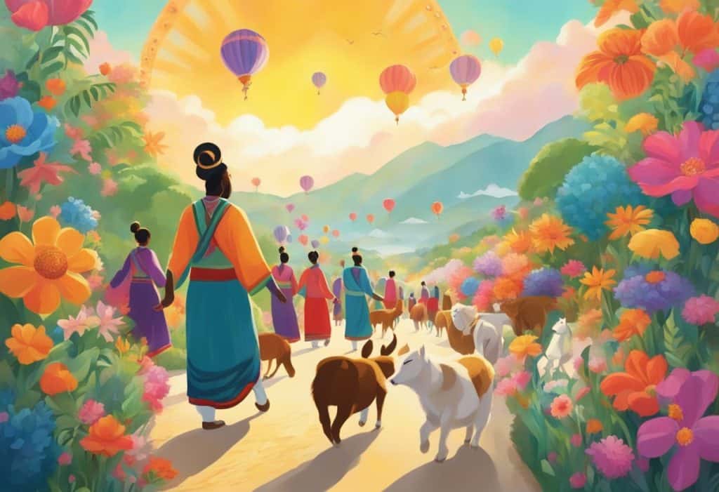 A colorful procession of people and animals moves along a sunlit path, adorned with vibrant flowers and traditional symbols, as music and chanting fill the air