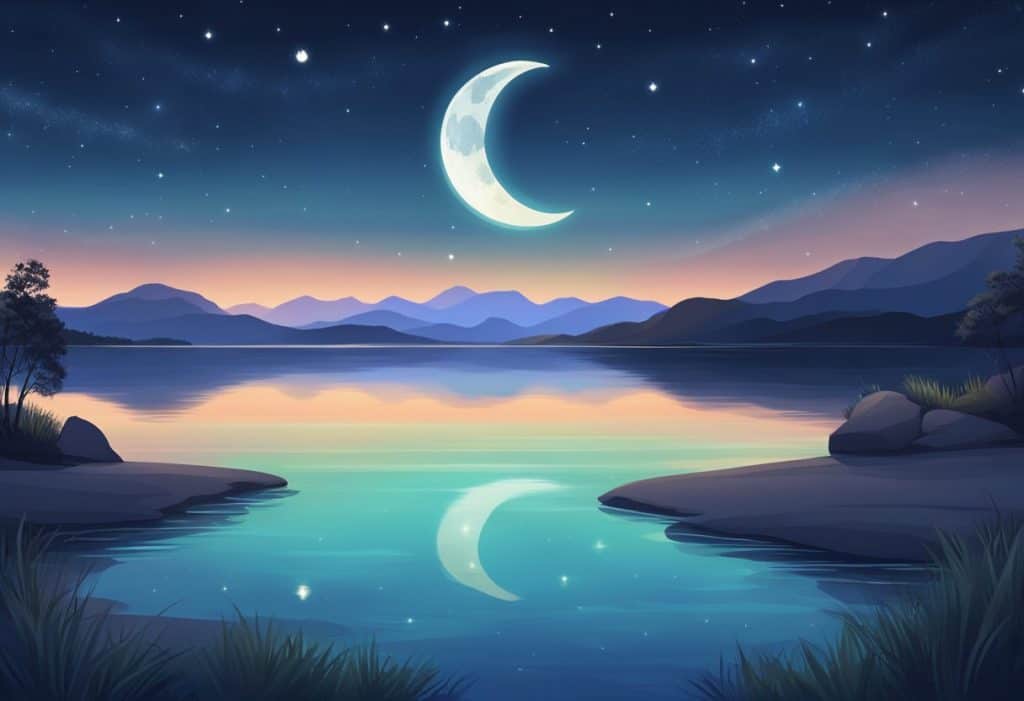 A serene landscape with a clear night sky, a crescent moon, and a calm body of water reflecting the celestial scene