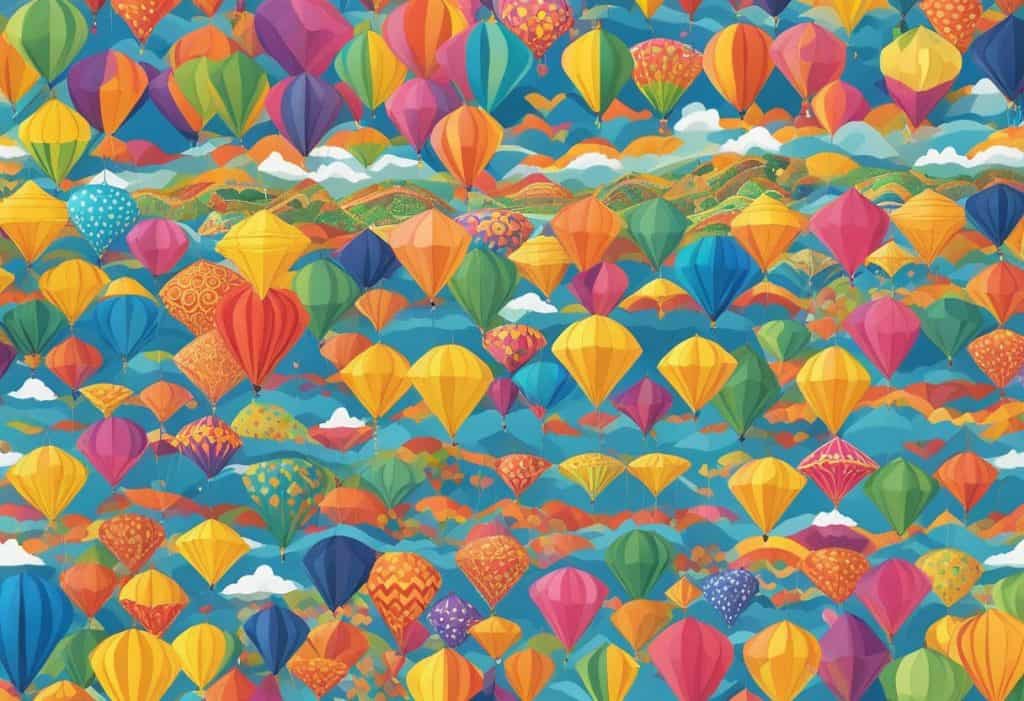 A colorful kite festival fills the sky with vibrant patterns and shapes, as families gather to celebrate Uttarayana