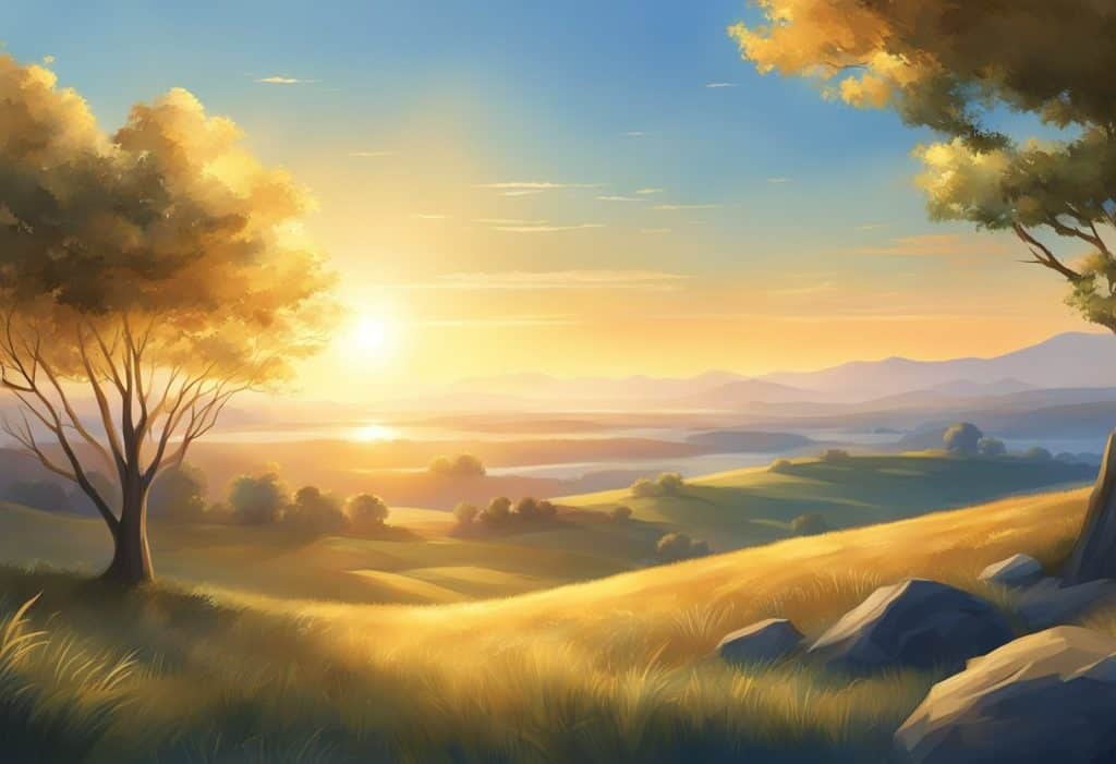 The scene depicts a clear blue sky with a bright sun rising over the horizon, casting a warm and golden light across a serene landscape