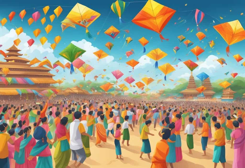 Uttarayana festival: kites filling the sky, colorful decorations, people gathering, and traditional rituals being performed