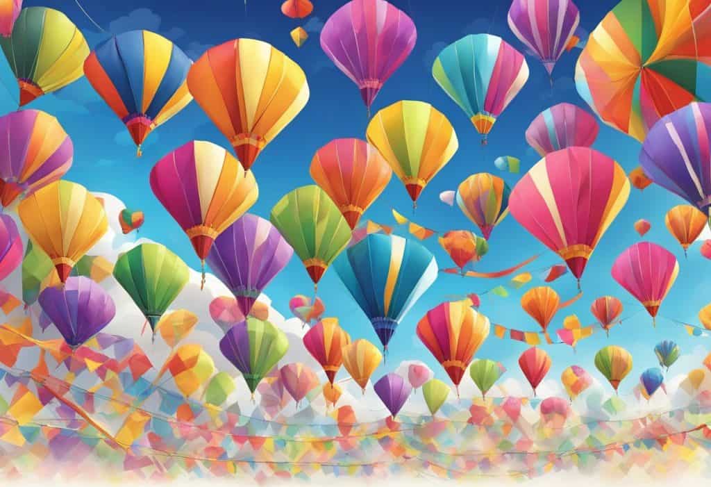 A colorful kite festival fills the sky, with vibrant kites of various shapes and sizes soaring high against a backdrop of traditional music and dancing