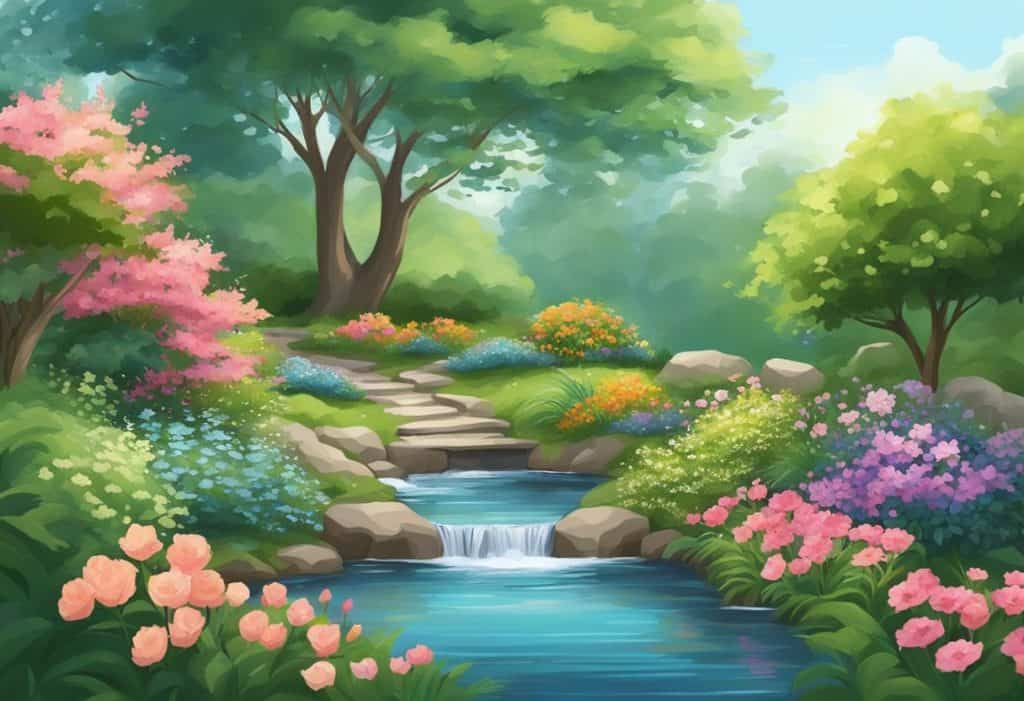 A serene garden with a flowing stream, surrounded by lush greenery and blooming flowers. A peaceful atmosphere with a sense of tranquility and spiritual connection