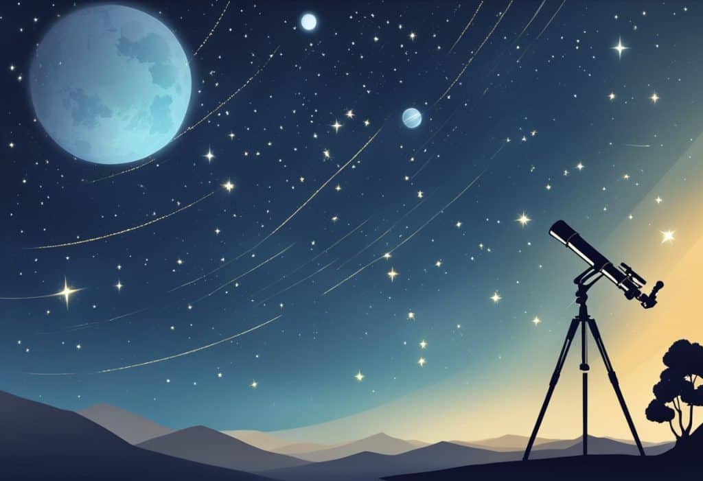 The scene depicts a clear night sky with stars and constellations, a telescope pointed towards the heavens, and a calendar marking the beginning of Uttarayana