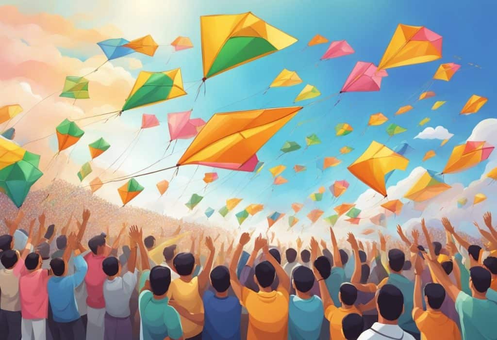 The scene depicts kites flying high in the sky during the Uttarayana festival, with people gathered below, enjoying the traditional event