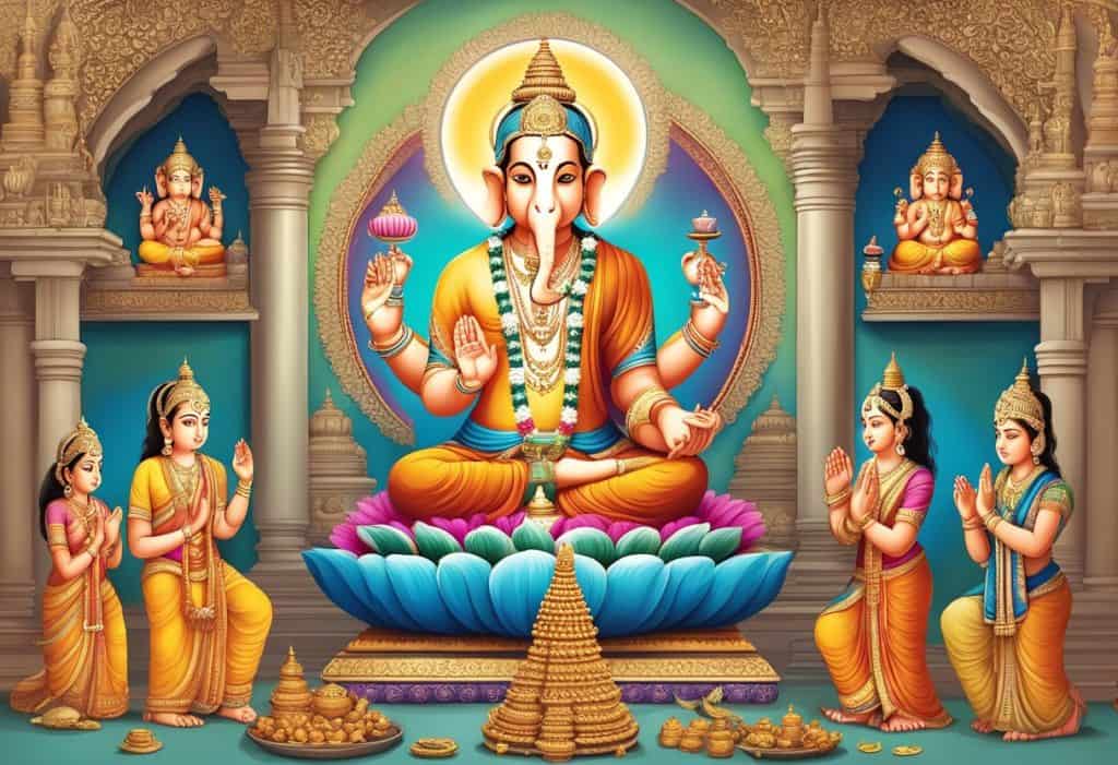A serene temple with a grand statue of Ganapatya, surrounded by offerings and incense, with devotees in prayer
