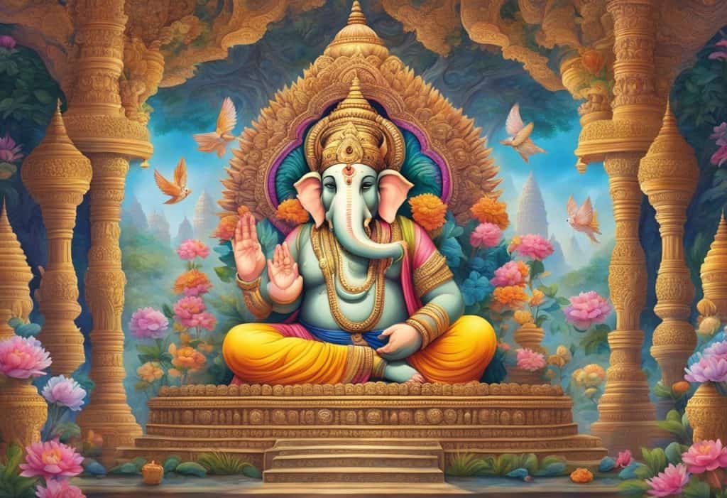 A colorful temple with intricate carvings of Ganesh, surrounded by worshippers offering flowers and incense
