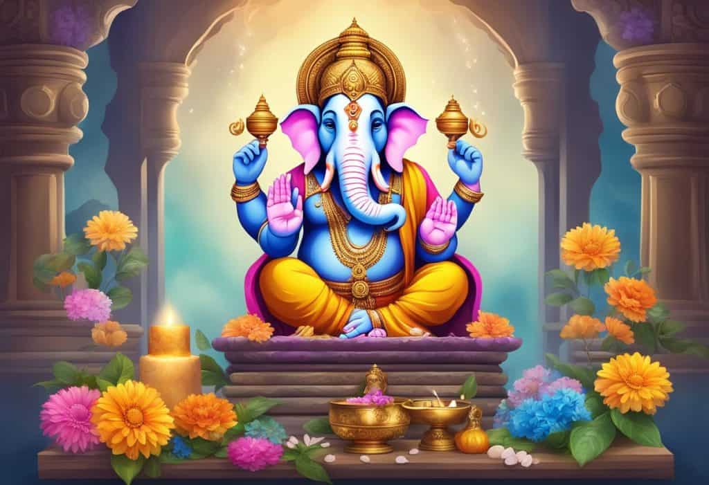 A colorful altar with offerings and a statue of Lord Ganesha surrounded by incense smoke and flowers
