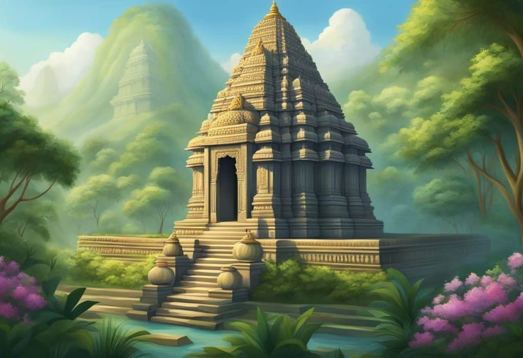 A serene temple with intricate Ganapatya symbols adorning the walls and a peaceful atmosphere, surrounded by lush greenery