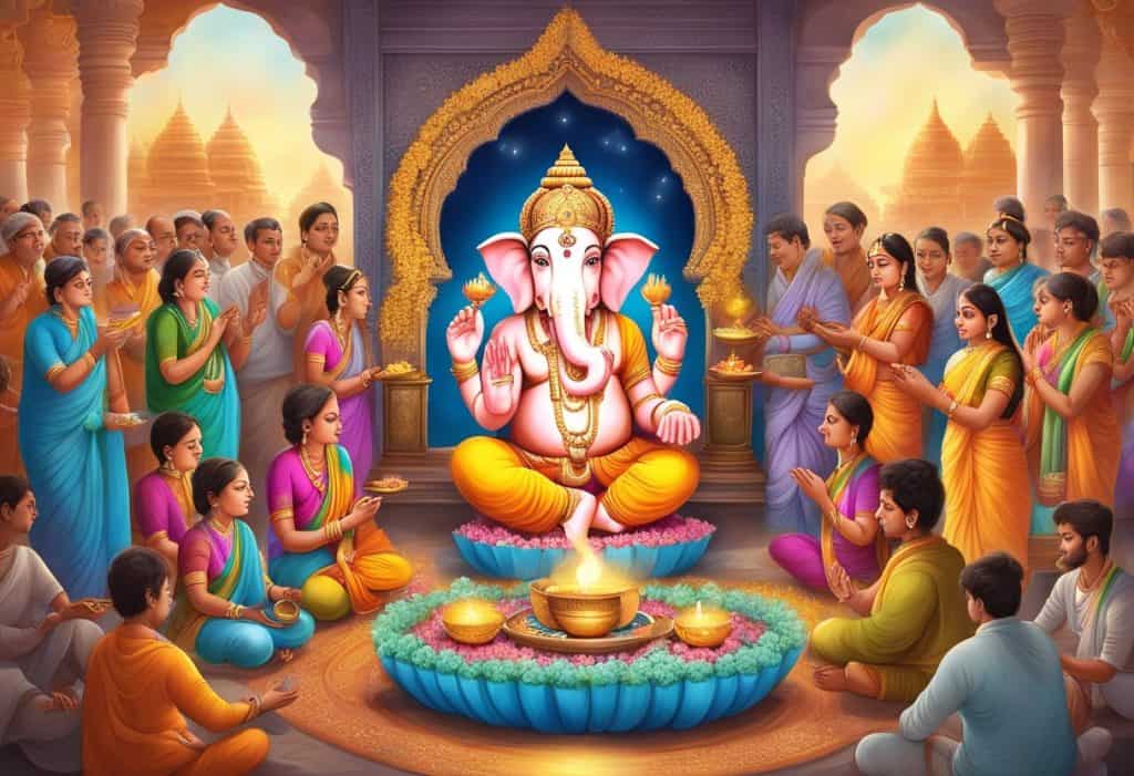 A vibrant Ganapatya ritual with offerings and incense, surrounded by devotees in a peaceful and harmonious setting
