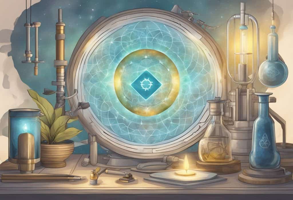 A serene setting with a glowing kriya symbol surrounded by scientific equipment and therapeutic tools