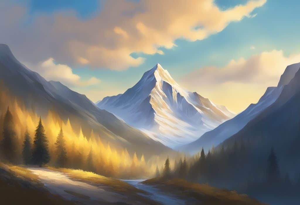 A serene mountain peak bathed in golden light, with a clear blue sky and a sense of tranquility and harmony