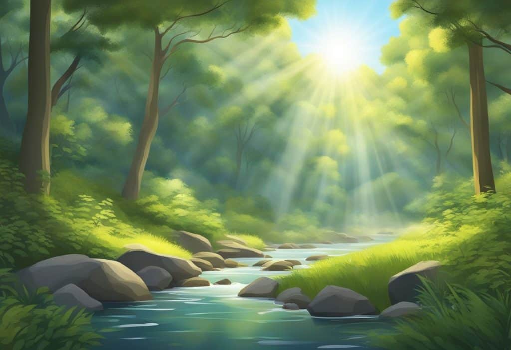 A serene forest clearing with sunlight filtering through the canopy, birds chirping, and a gentle stream flowing