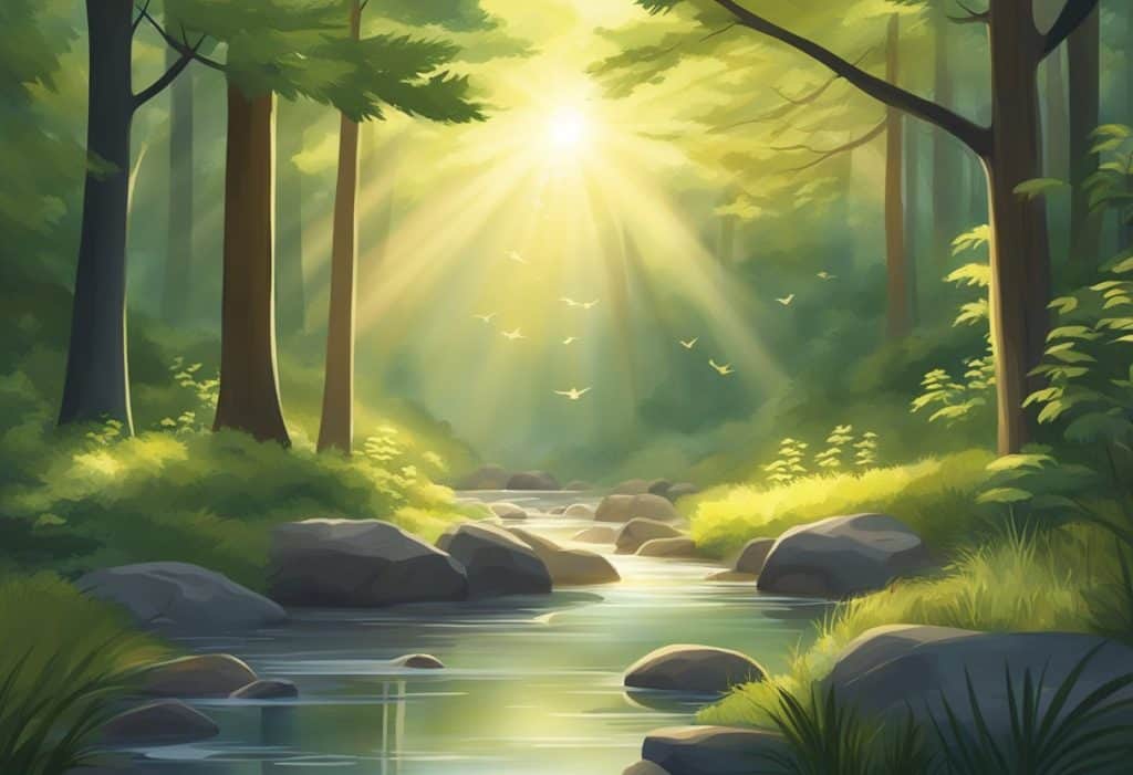 A serene forest clearing with sunlight filtering through the trees, a gentle stream flowing, and birds singing in the background